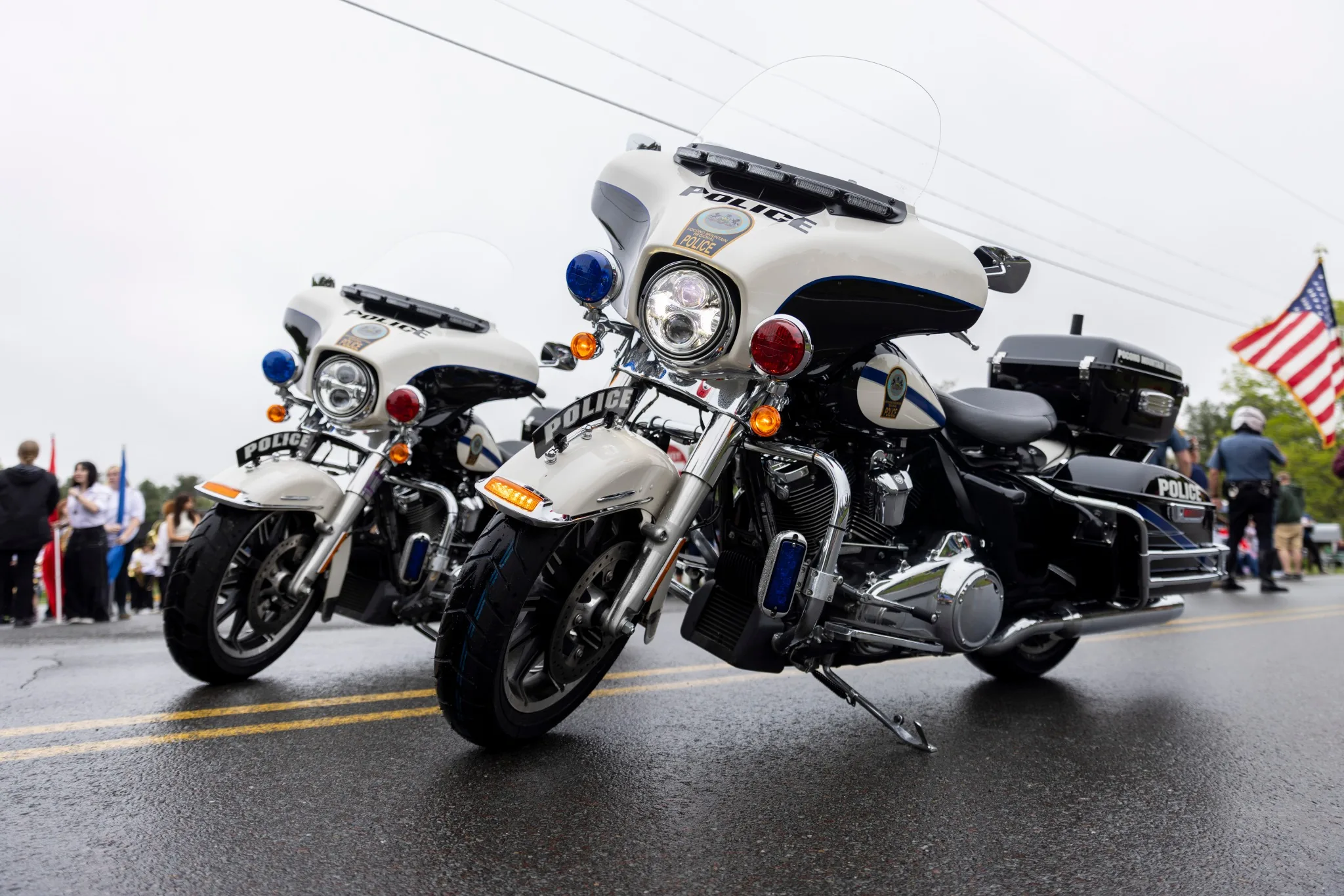 Police motorcycles lined up during the Memorial Day parade